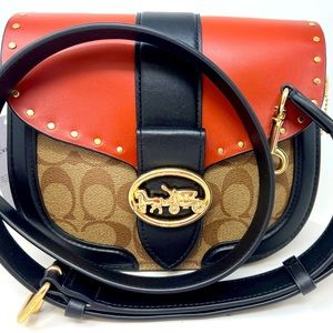 Coach Georgie Saddle color block Rivets canvas khaki Crossbody bag